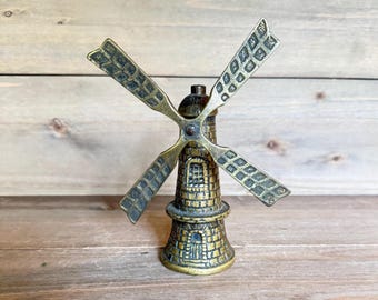 Vintage ELPEC Brass Windmill Bell Dutch Holland Souvenir Cast Metal Decorative Bell