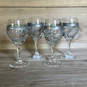 Vintage Cordial Stemware Glass Wrapped in Pewter - Set of Four