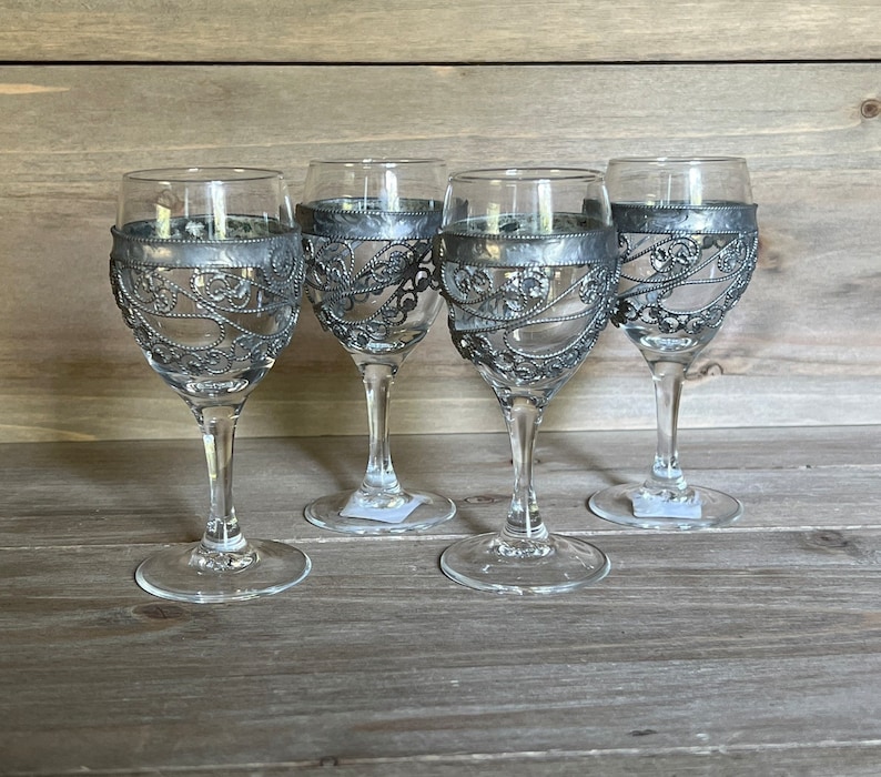 Vintage Cordial Stemware Glass Wrapped in Pewter Set of Four Etsy
