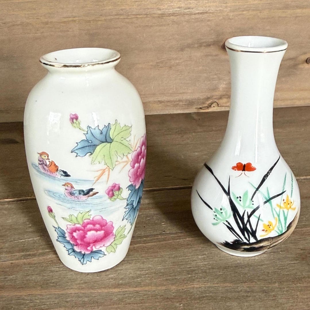 Vintage Chinese Porcelain Bud Vases Set of 2, Hand Painted Floral Bird ...