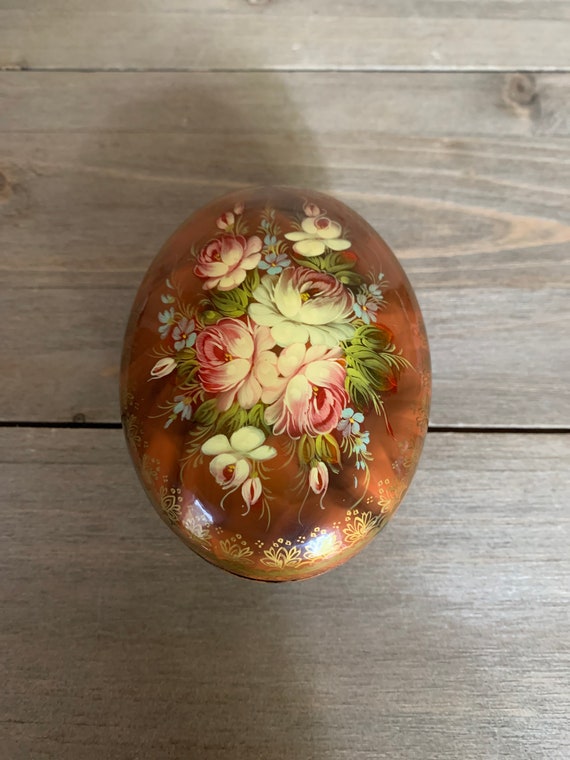 Small Russian Lacquer Box, Egg Shaped Box Orange w