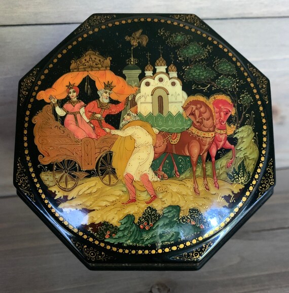 【超希少】ロシア伝統工芸 パレフ（ホールイ）漆器 小箱「火の鳥」手描き 署名入 ロシア漆器箱、パレフの黄金の雄鶏の物語 - Etsy 日本