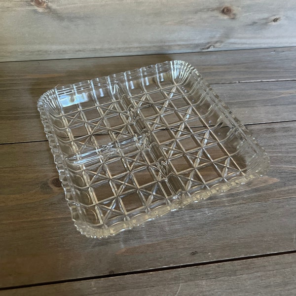 Vintage Heavy Indiana Glass Square Divided Relish Dish - Blocks and Stars