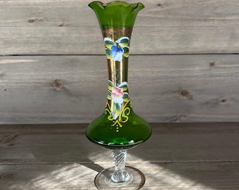 Bud Vase Emerald Green Fluted Hand Painted W/ Gold Trim