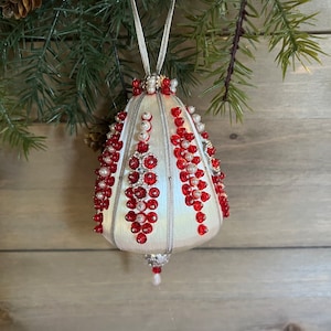 Vintage Beaded Sequin Christmas Ornament Handmade Red, White and Silver Decoration  #35