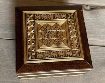 Vintage Inlaid Wood Trinket Box, Geometric Mosaic Jewelry Box