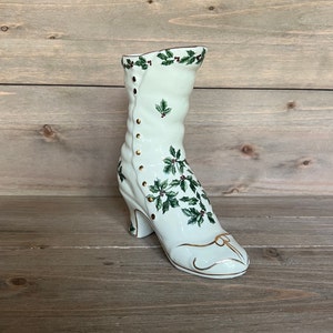 Formalities by Baum Bros. Ladies Christmas Holly with Gold Trim Vintage High Top Shoe with Buttons Ceramic Vase