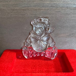 Gorham Full Lead Crystal Teddy Bear Christmas Ornament w/Red Ribbon