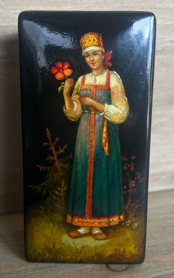 Vintage Russian Lacquer Box Hand Painted Woman in Folk Dress Black Lacquer Art View 2