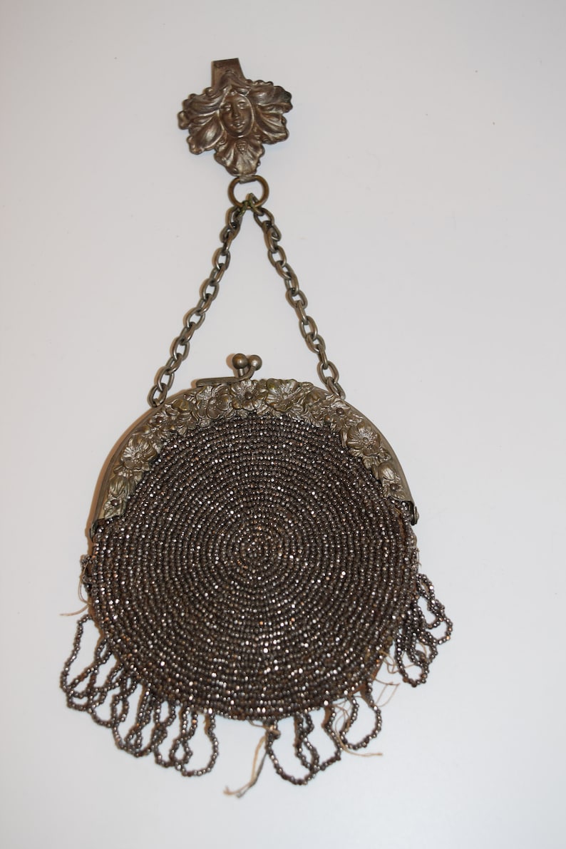 Vintage Chatelaine Steel Bead and Suede Coin Purse