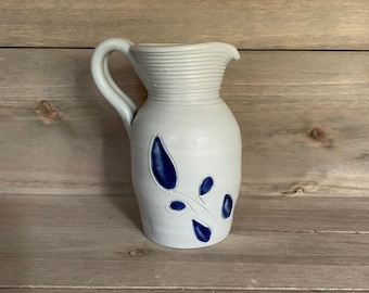 Williamsburg Salt Glazed stoneware Pottery Cobalt Blue Leaf Small Pitcher