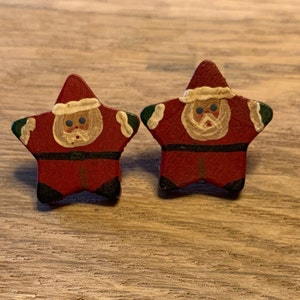 Vintage Wooden Santa Star Earrings