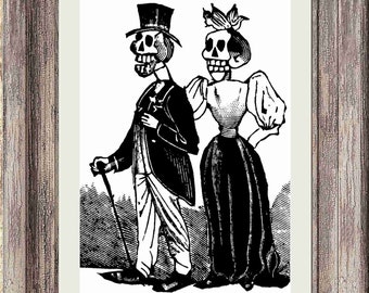Day of the Dead Print, Gothic Skeleton Print, Dia de los muertos, Macabre Art, Halloween Print, skeletons, Calaveras, Wedding Couple