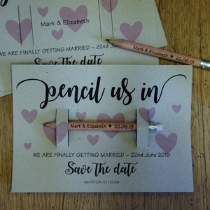30 + matita noi In, Save the date, Custom matite, incisa matite golf con supporto carta & buste, Mini matite, Save the Date matite