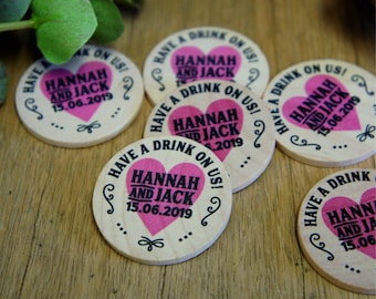 30+ Custom Wooden Wedding Drinks Tokens, Wooden Wedding Favours,  personalized favors, personalised wooden wedding tokens, wooden nickels