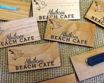 10+ wooden engraved badges with pin attachment as standard (or magnetic attachment), personalised badges, business badges