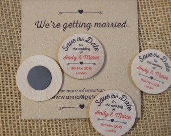 30+ wooden round fridge magnets - Save the Dates 30x (min order) ideal for rustic weddings.