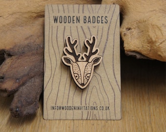 Wooden Cute Reindeer Badge- wooden pin, wooden brooch, reindeer badge, laser engraved wooden badge, reindeer brooch, eco friendly badge