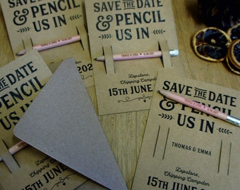 30+ Pencil Us In Save the Dates, engraved pencils with personalised backing card / envelopes, Short Pencils, Mini Pencils, Custom Pencils
