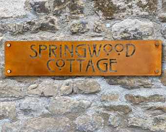 Corten Steel House Sign, Art Nouveau Font, Rusty Metal Name Sign