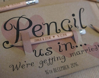 30+ Pencil Us In - Save the Dates, engraved pencils with personalised backing card / envelopes, Short Pencils, Mini Pencils, Custom Pencils