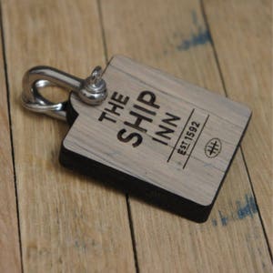 Engraved Oak Wood Keyrings, Rustic Aged Key Fobs, Pub Inn B&B