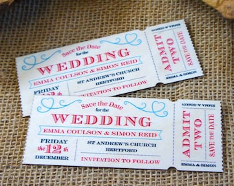 20+ Wooden  &quot;Save the Date&quot; Vintage Ticket Magnets, Birch plywood printed magnet tickets, personalised with your wedding details