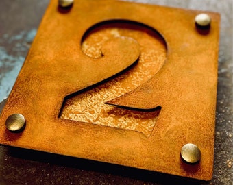 Corten Steel House Number, Rusty Metal Sign with Stand Offs