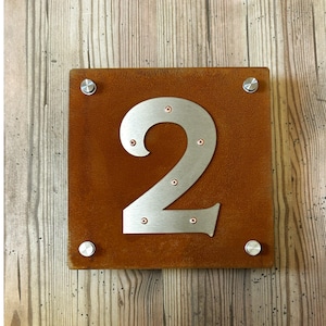 Número de casa de acero corten, número fijo con cara de acero inoxidable, número de casa de acero inoxidable/oxidado, números de casa de metal - acero corten