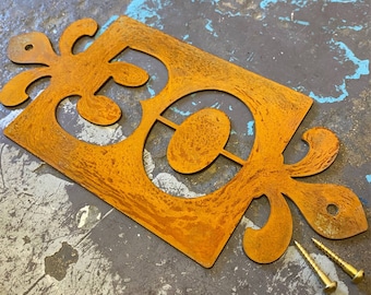 Fleur de lys Corten steel house number, Rusty house number, metal house signs & numbers - weathered steel house number, fleur de lis styling