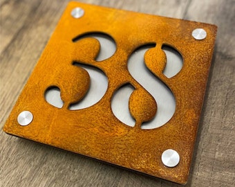 Corten Steel House Number Sign, Stainless Back, Rustic Metal Plaque