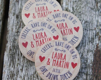 30+ personalised wooden wedding drinks tokens, personalized drinks tokens, wooden wedding favors, custom drinks tokens, wedding token favors