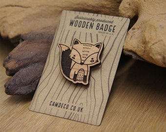 Wooden Cute Fox Badge- wooden pin, wooden brooch, fox badge, laser engraved wooden badge, fox brooch, eco friendly badge, foxy badge