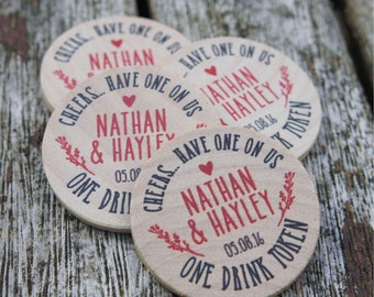 30+ Wooden Round Wedding Drinks Tokens -  Woodland theme ideal for rustic weddings, wooden wedding favours, wooden wedding favors