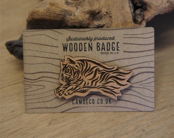 Wooden Tiger Badge - tiger pin, wooden brooch, tiger brooch, wooden pin, wood badge, tiger jewelry, animal badge, wooden jewelry,