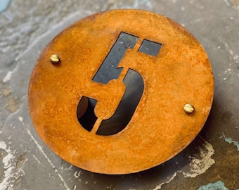 Round Corten Steel House Number, Rusty Metal Sign