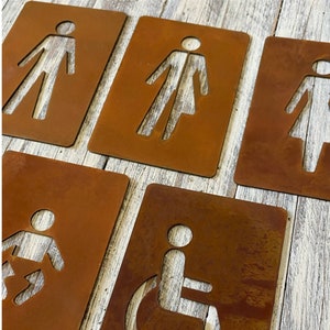 Señales de inodoro de acero corten, símbolos de inodoro, letreros de acero corten para hombres, letreros de inodoro para mujeres, letreros para discapacitados, letreros de campamento de letreros de inodoro unisex