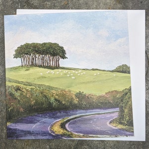 May include: A painting of a winding road leading to a hilltop with a row of trees and a flock of sheep in a field.