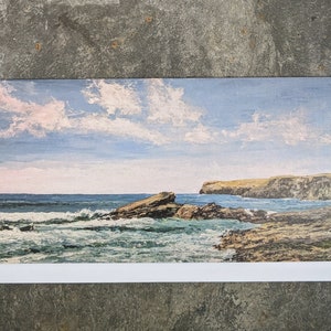 Blue skies at Trebarwith, Cornish sea greeting card, art card by Katy Stoneman, printed on textured mat card, blank inside
