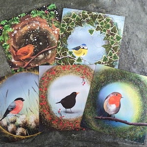 Colección de tarjetas de felicitación Winter Birds, paquete de cinco, tarjetas artísticas
