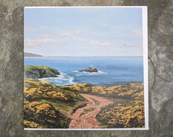 Ginster bei Godrevy, eine Cornish Seascape Art Card von Katy Stoneman, gedruckt auf hochwertigem Karton, innen leer.