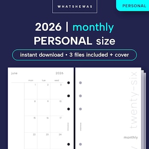 Può includere: Una pagina di pianificazione digitale per il 2026, con un layout mensile in formato personale. Il design include il testo "2026 | monthly PERSONAL size" e "instant download • 3 files included + cover". La pagina è bianca con testo nero.