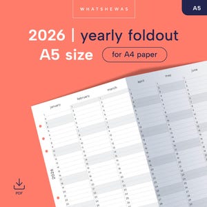 Può includere: Calendario annuale pieghevole per il 2026, formato A5, progettato per carta A4. Il calendario presenta un design pulito con colonne mensili e giorni numerati. Sfondo corallo, testo "WHATSHEWAS" in alto. È un PDF.