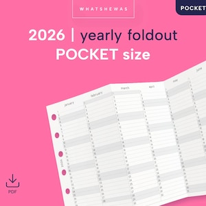 May include: A pink background with a white 2026 yearly foldout calendar. The calendar is labelled "POCKET size" and shows months from January to June. A PDF download icon is in the lower left corner.