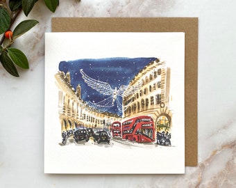 Christmas Angel Lights Regent Street London, Illustrated Greetings Card