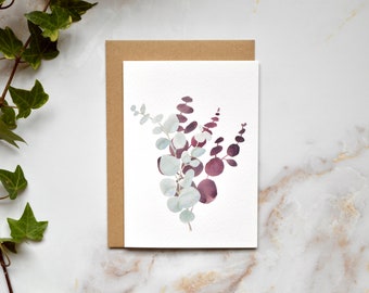 Silver and Burgundy Eucalyptus Illustrated Christmas Card