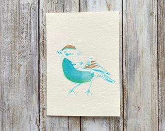 Hand-painted Rainbow Coloured Bird Original Art Card - Aqua