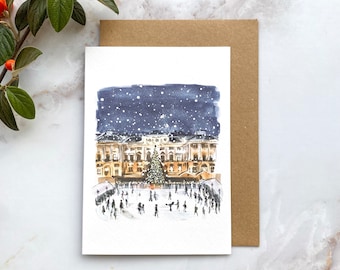 SET OF 5 Illustrated Christmas Holiday Cards - Somerset House Ice Skaters London - A6 Size