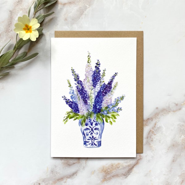 Blue Delphinium Flowers Illustrated Greetings Card