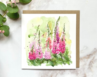 Pink Foxgloves Spring Illustrated Greetings Card